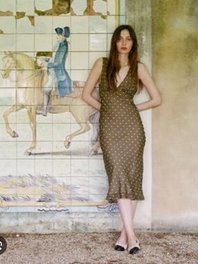 Realisation Par the Margot Olive Spot Khaki V-Neck Midi Dress size Small